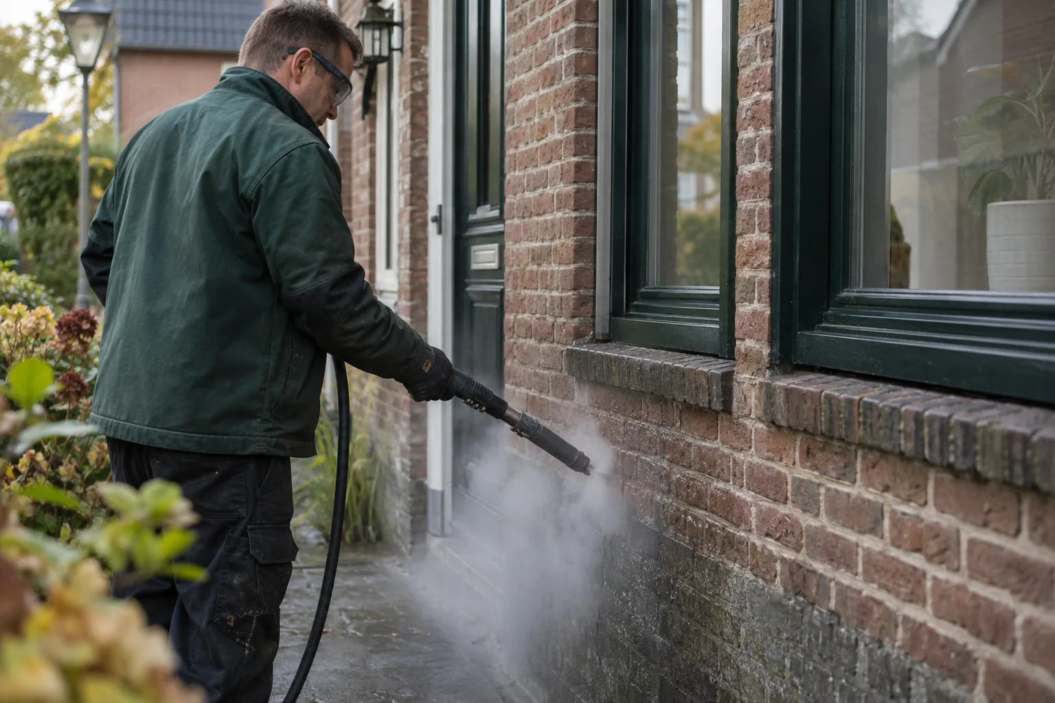 een vakman die een bakstenen gevel reinigt